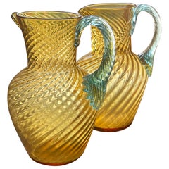 Antique Pair Murano Aquamarine and Gold Pitchers