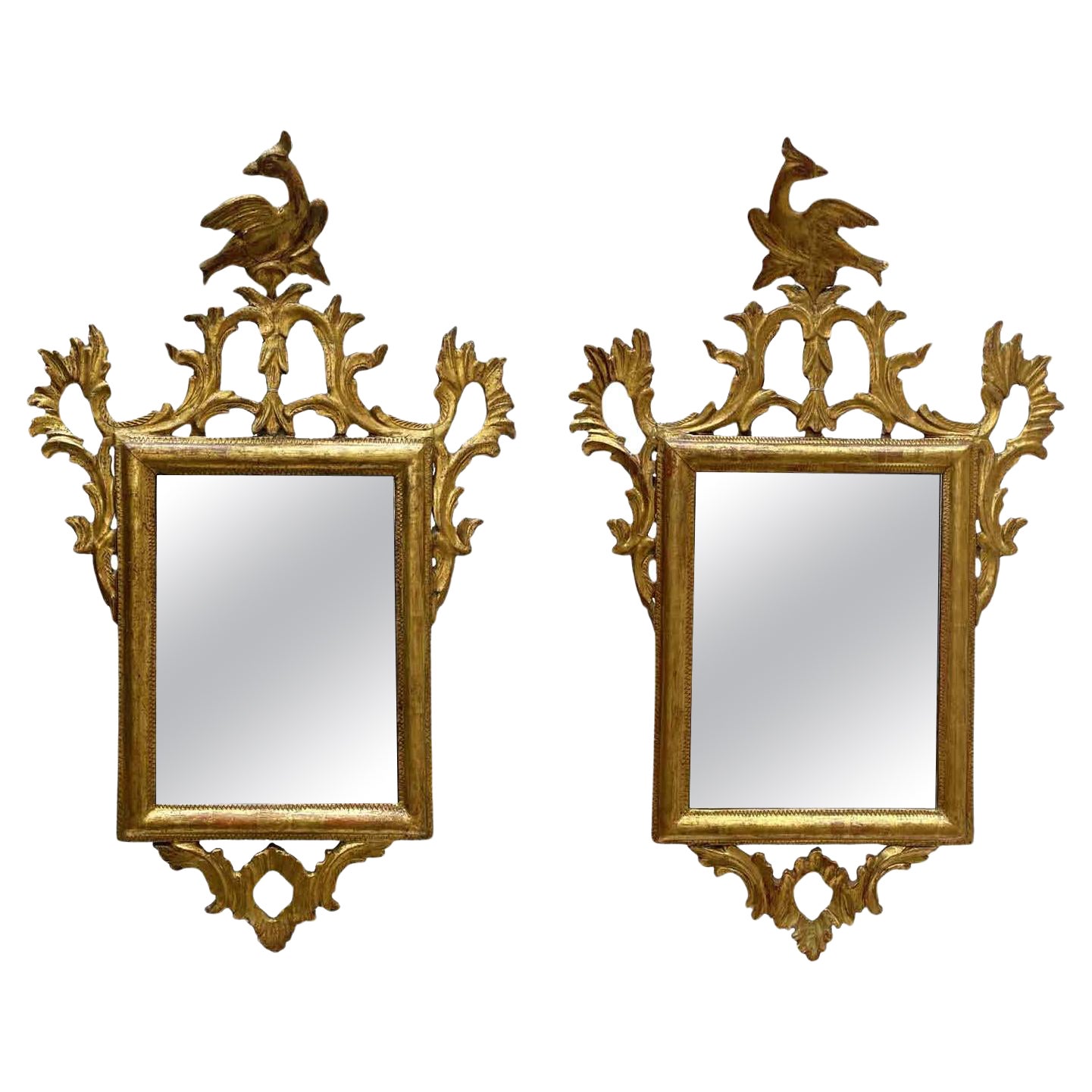 Pair of Italian Gilt Wood Carved Mirrors with Birds Early 1800s