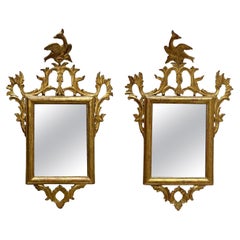 Antique Pair of Italian Gilt Wood Carved Mirrors with Birds Early 1800s