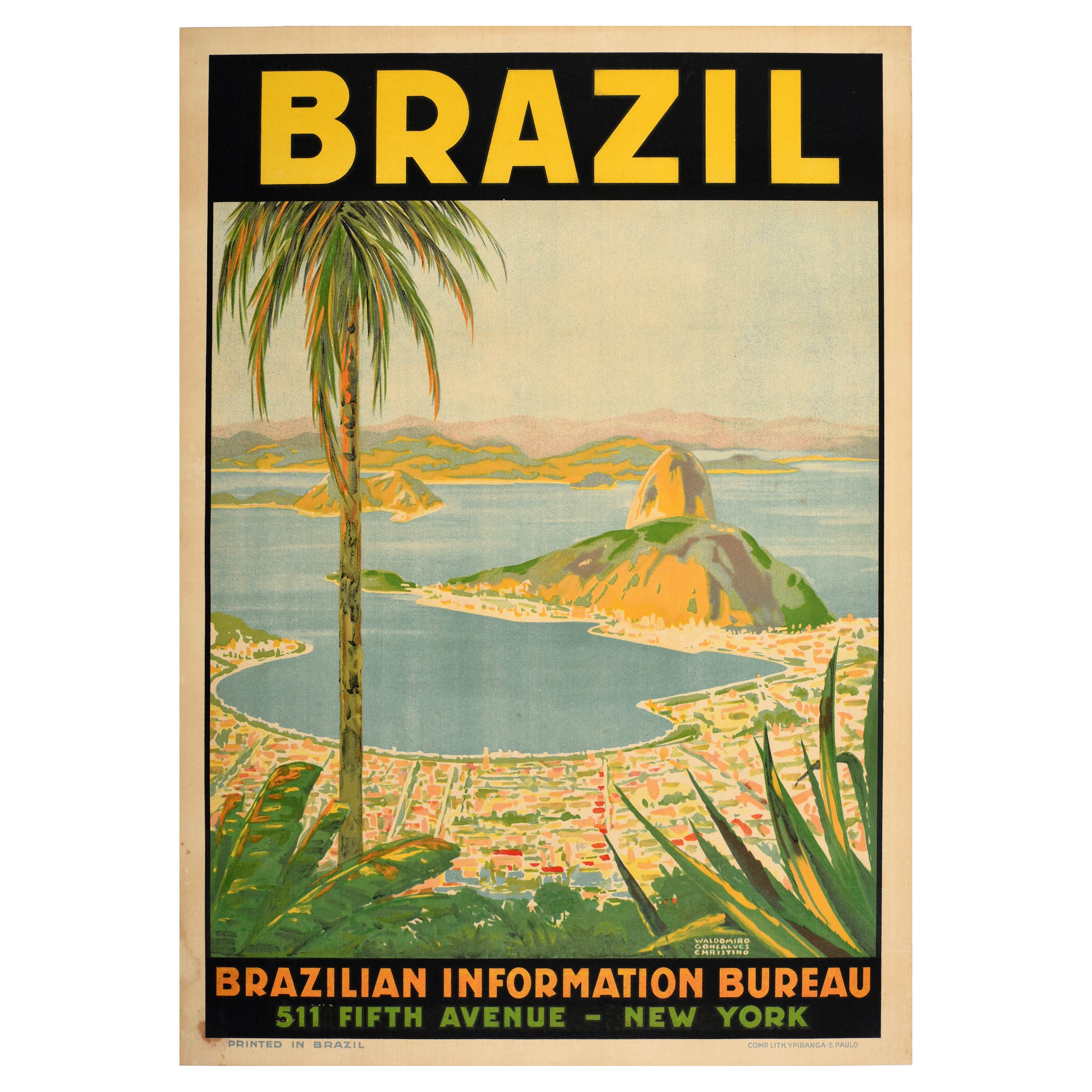 Affiche de voyage originale du Brésil Rio Guanabara Bay Sugarloaf Mountain Art