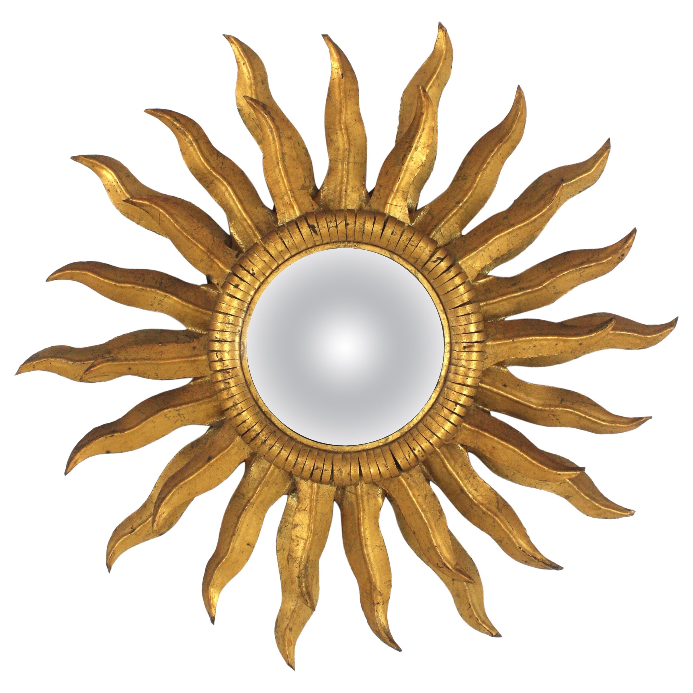Spanish Double Layered Convex Sunburst Mirror in Gilt Metal, 1950s For Sale