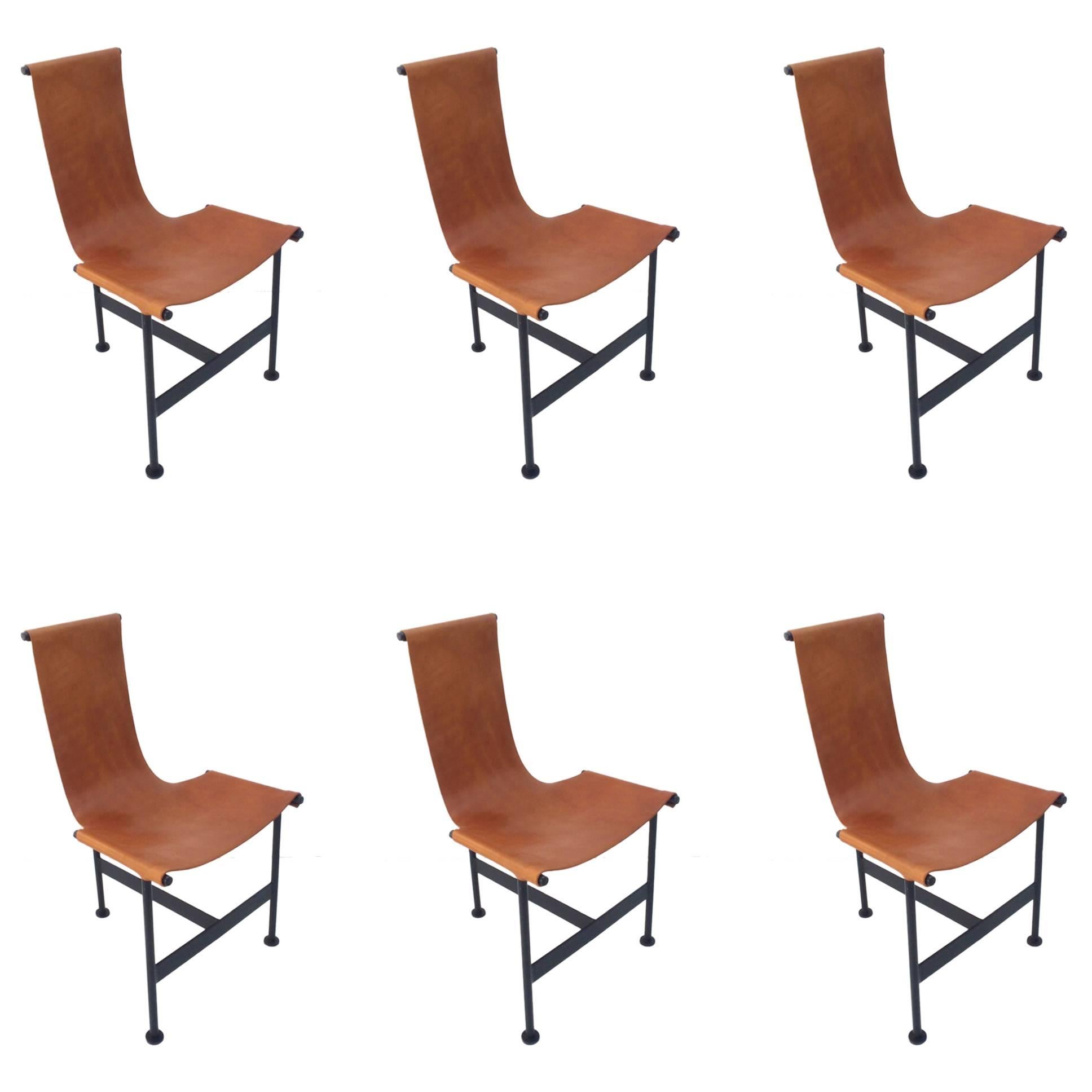 Set of Six 1940s Leather and Iron Sling Dining Chairs