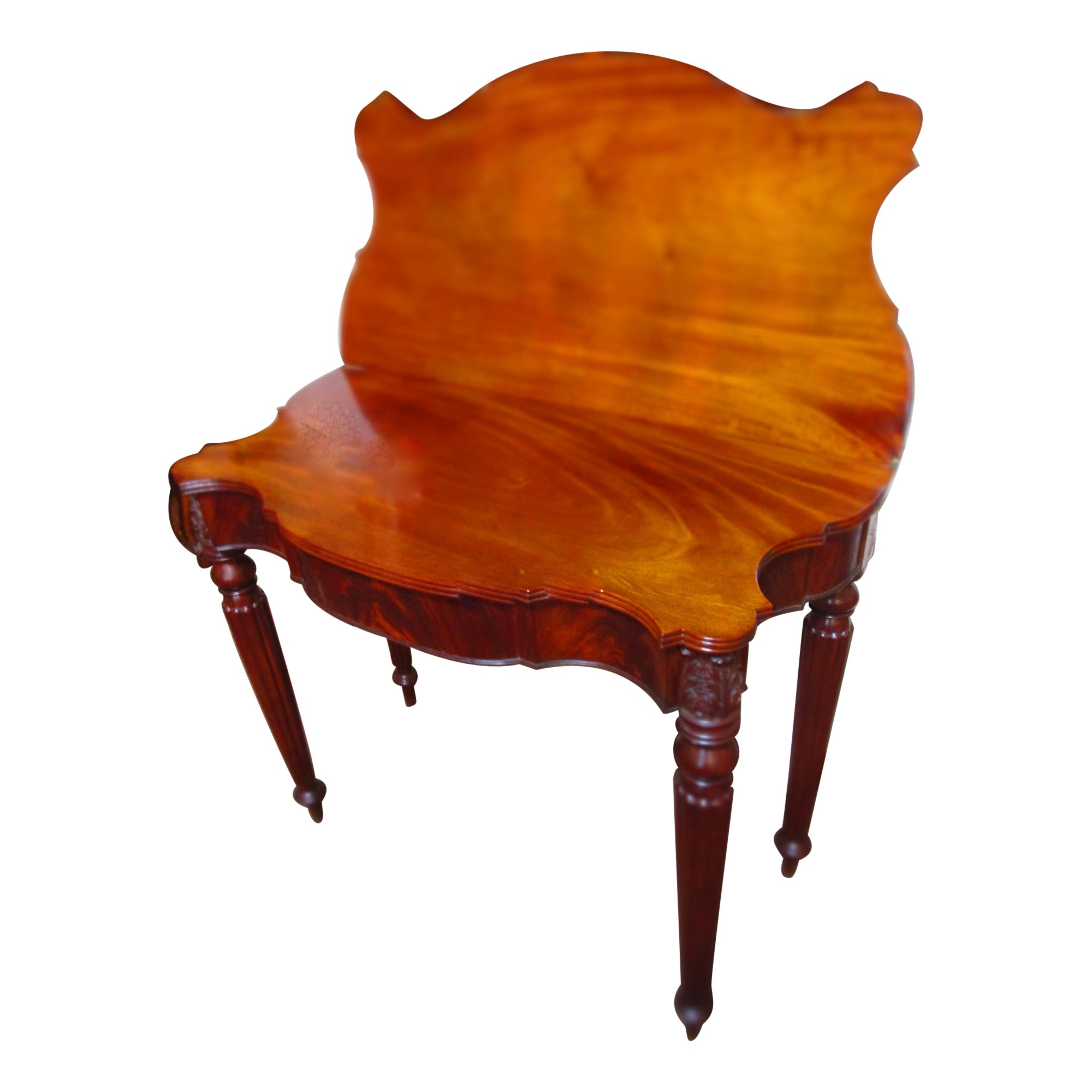 Sheraton Mahogany Game Table w/ Reeded Legs Serpentine Top Acanthus Leg Carvings For Sale