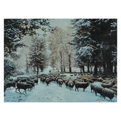 Ted Jones Dublin, Irlande, peinture à l'huile sur toile - Scène de ferme d'hiver avec moutons