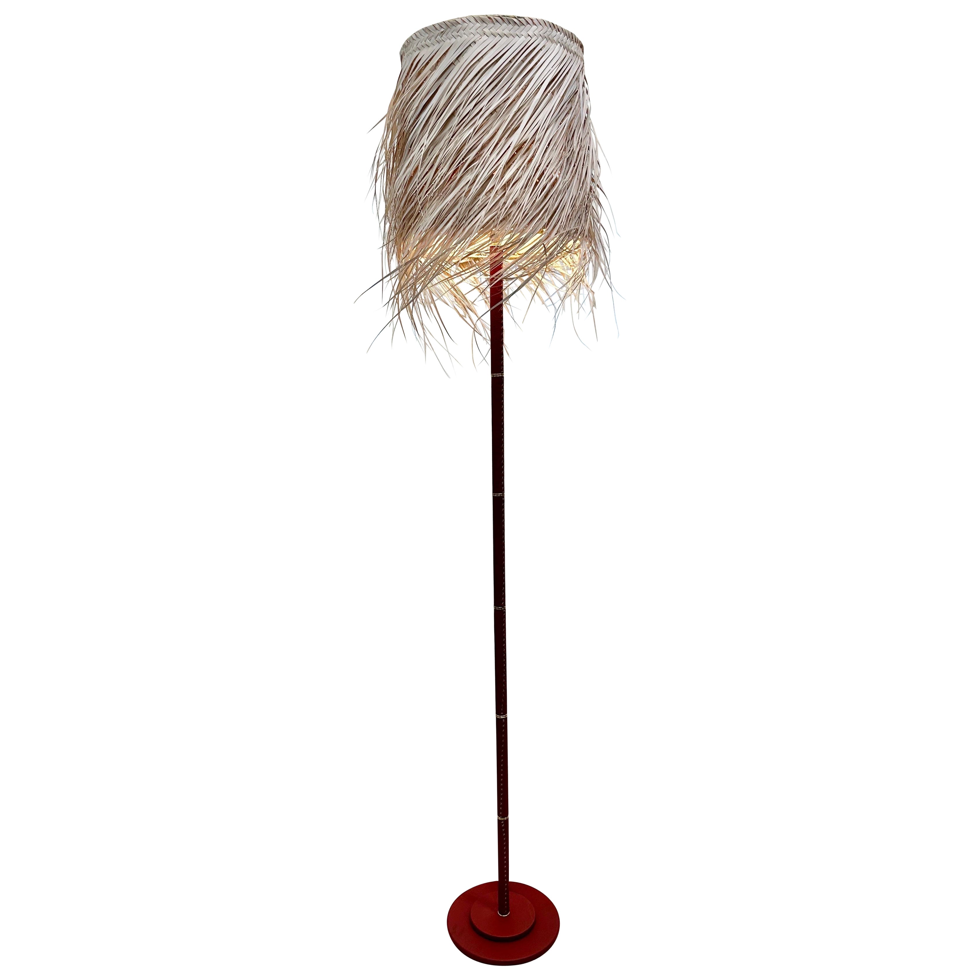 Stitched Leather Tall Floor Lamp in the Style of Adnet For Sale