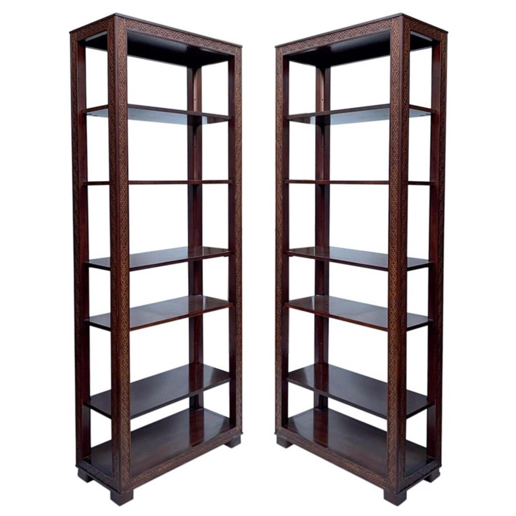 Midcentury Chinese Chippendale Style Carved Mahogany Etageres or Shelves, Pair 