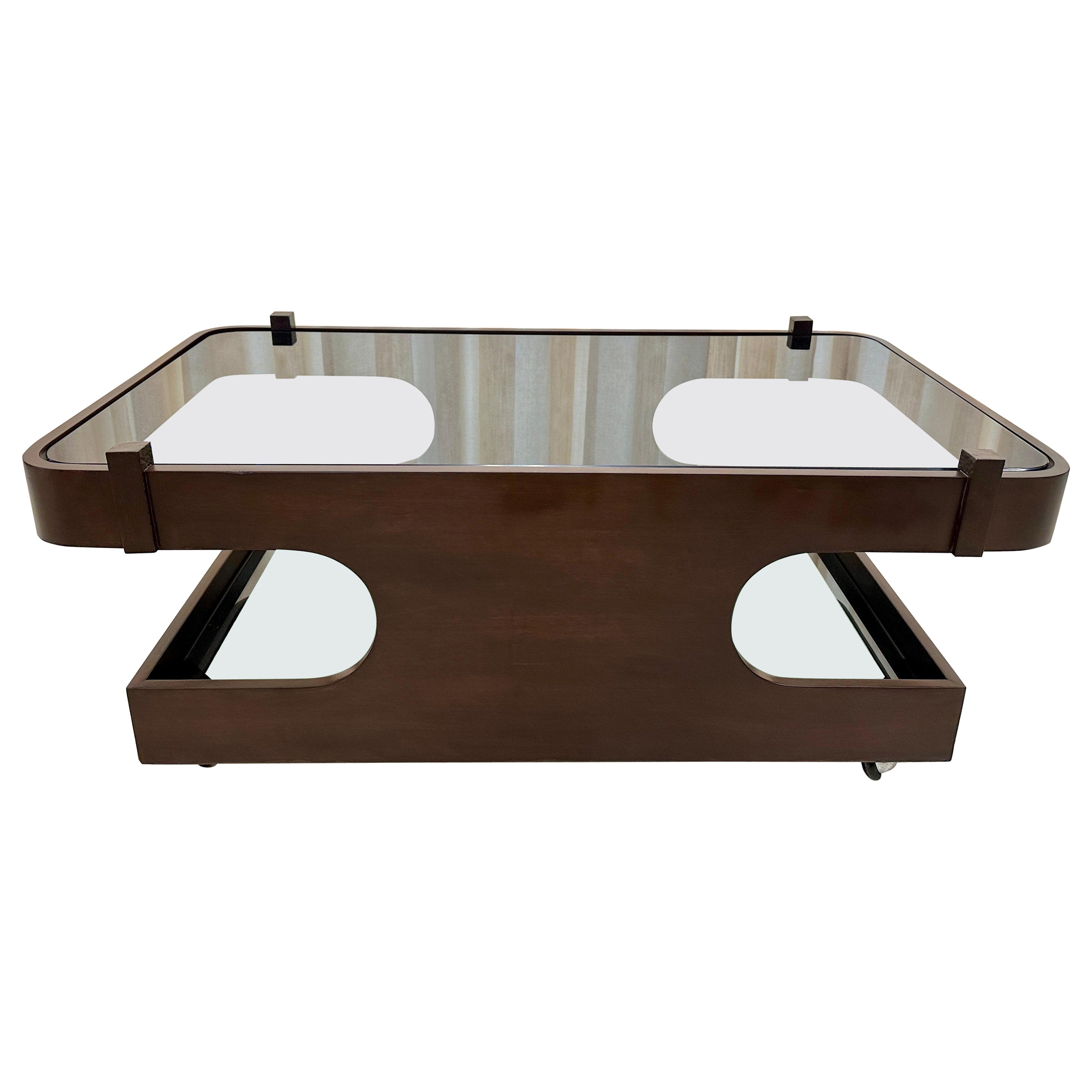 Italian Bent Wood & Glass Two-Tier Coffee Table on Casters For Sale