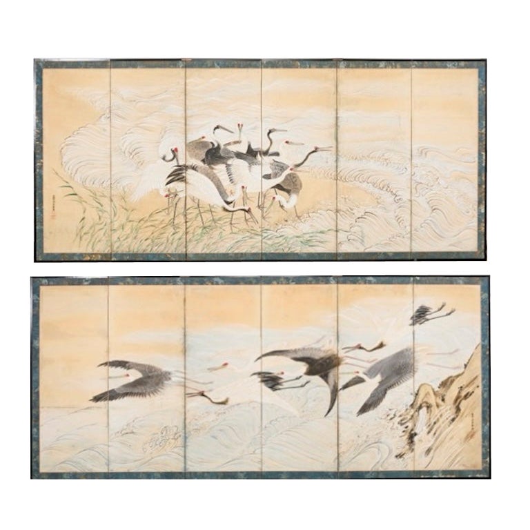 Pair of Japanese Meiji Six Panel Screen Cranes Above Cresting Waves For Sale