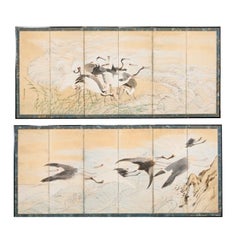 Antique Pair of Japanese Meiji Six Panel Screen Cranes Above Cresting Waves