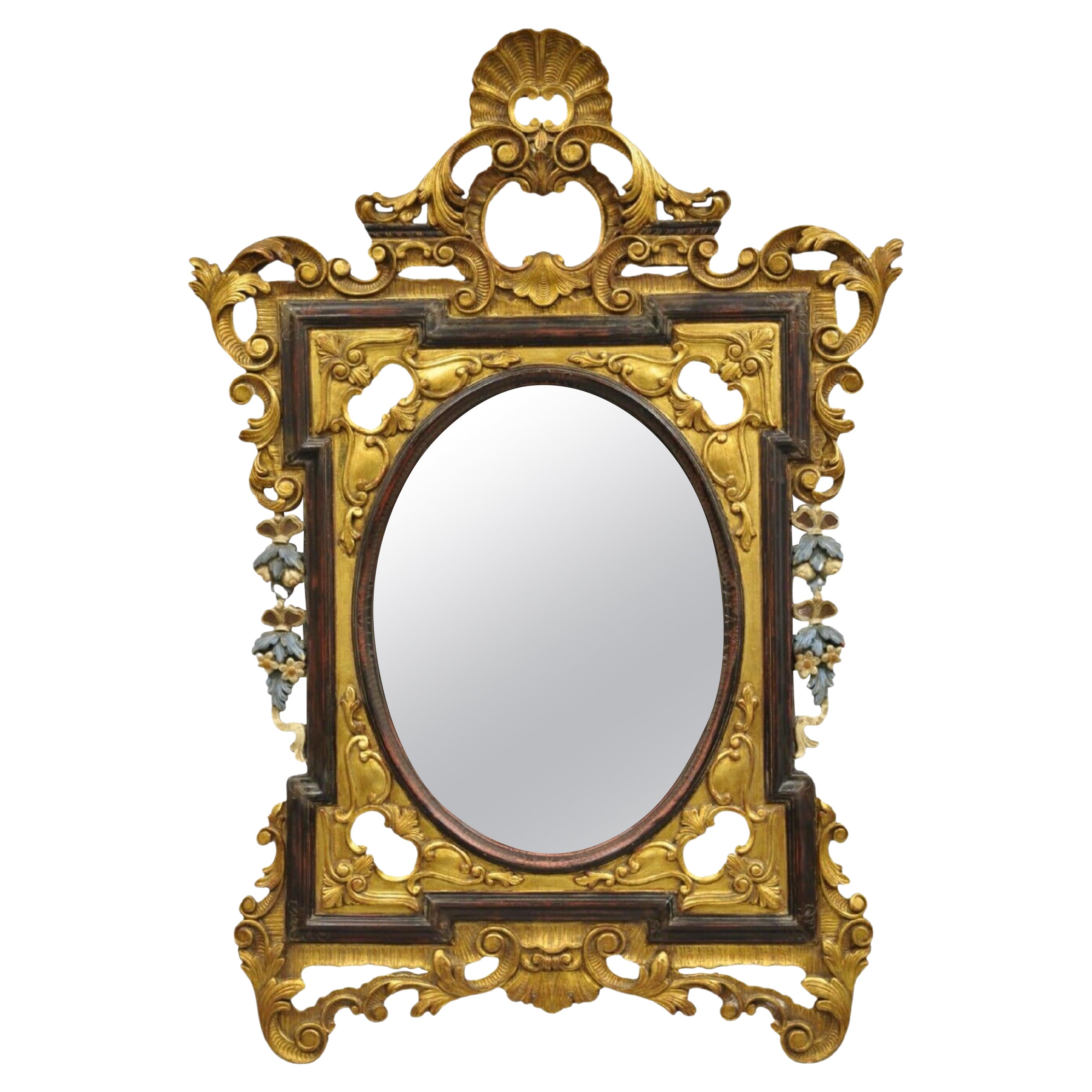 Vintage French Rococo Style Gold Gilt Scroll Carved Wood Italian Wall Mirror For Sale