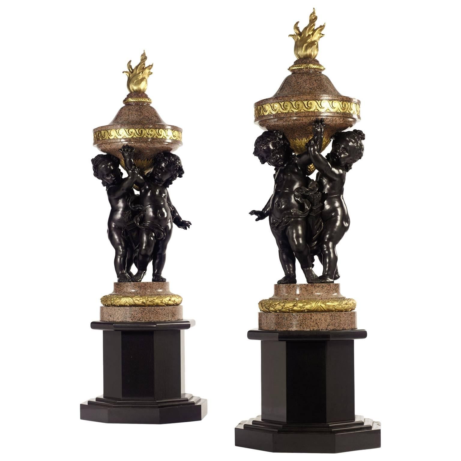 Monumental Pair of French 19th-20th Century Putto Flambeaux Urns Torcheres