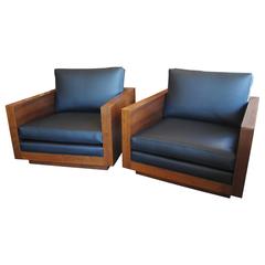 Pair of Walnut Cube Chairs in the Style of Milo Baughman