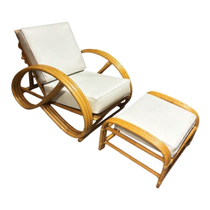 Restored 3-Strand 3/4 Pretzel Rattan Adjustable Reclining Lounge Chair w Ottoman For Sale