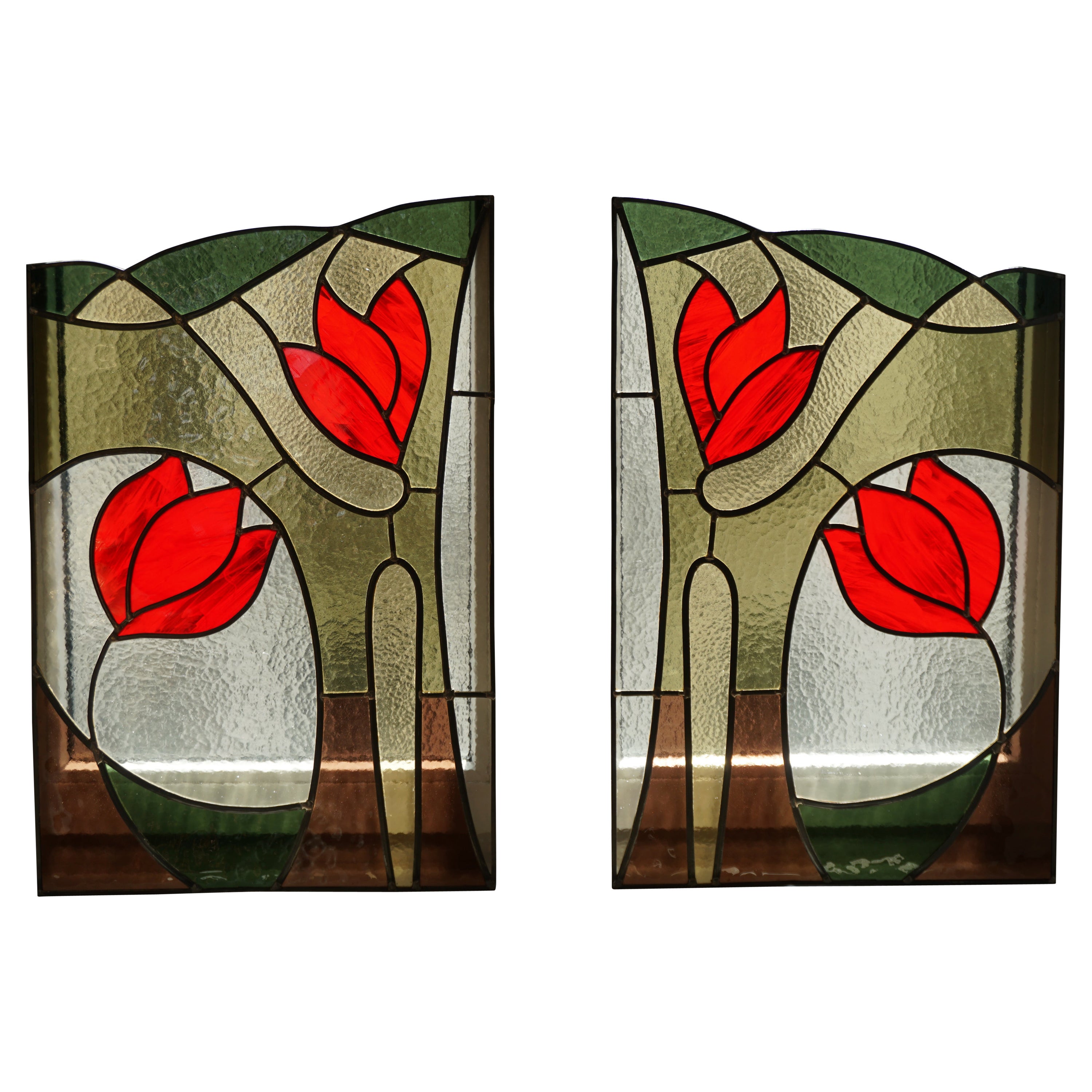 Pair of Stained Glass Window Panels with Red Tulips For Sale