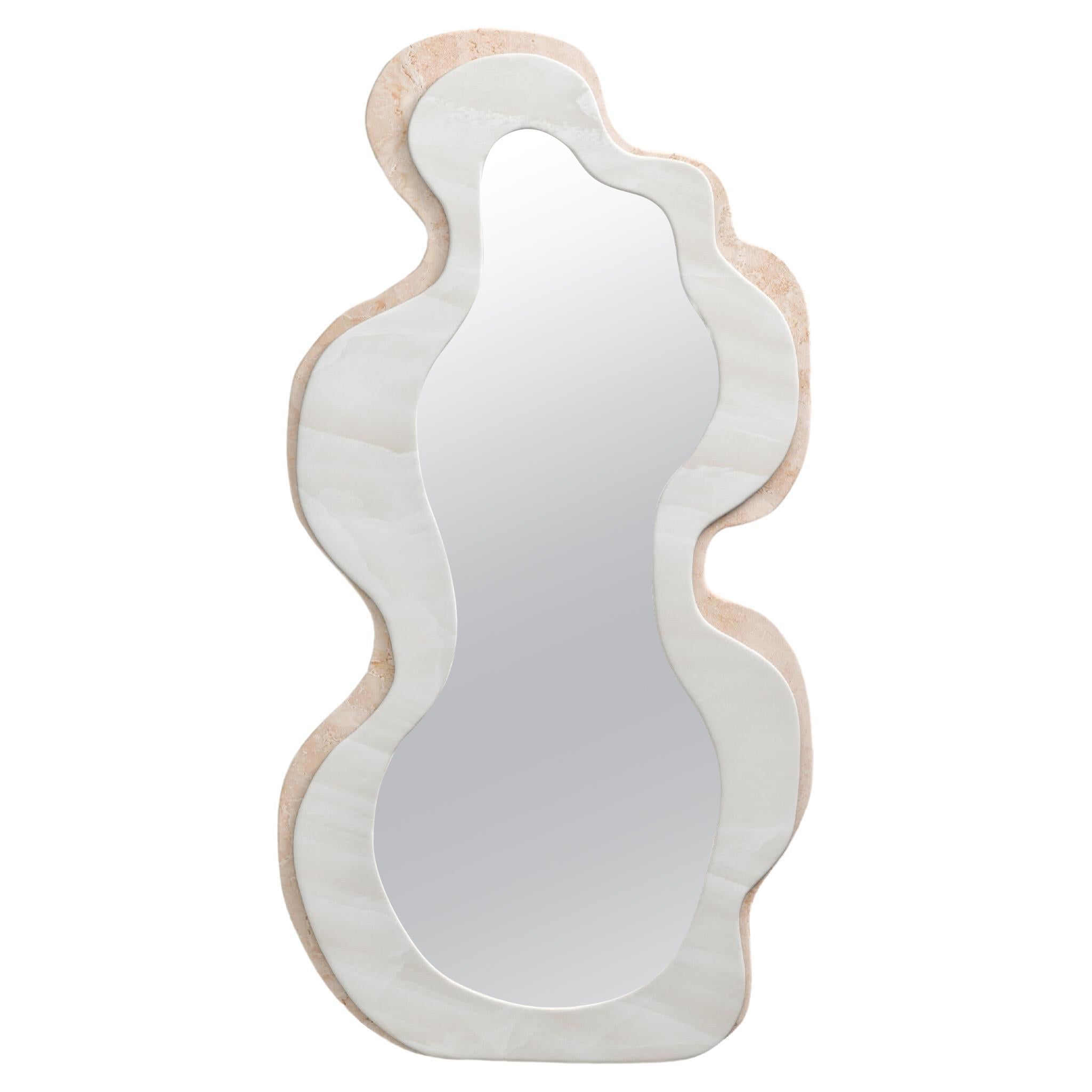FORM(LA) Onda Floor Mirror 78”H x 42”W x 1.5”D Bianco Onyx & Travertino Navona  For Sale