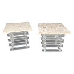 Pair Stacked Lucite Square Marble Travertine Tops End Side Occasional Tables 