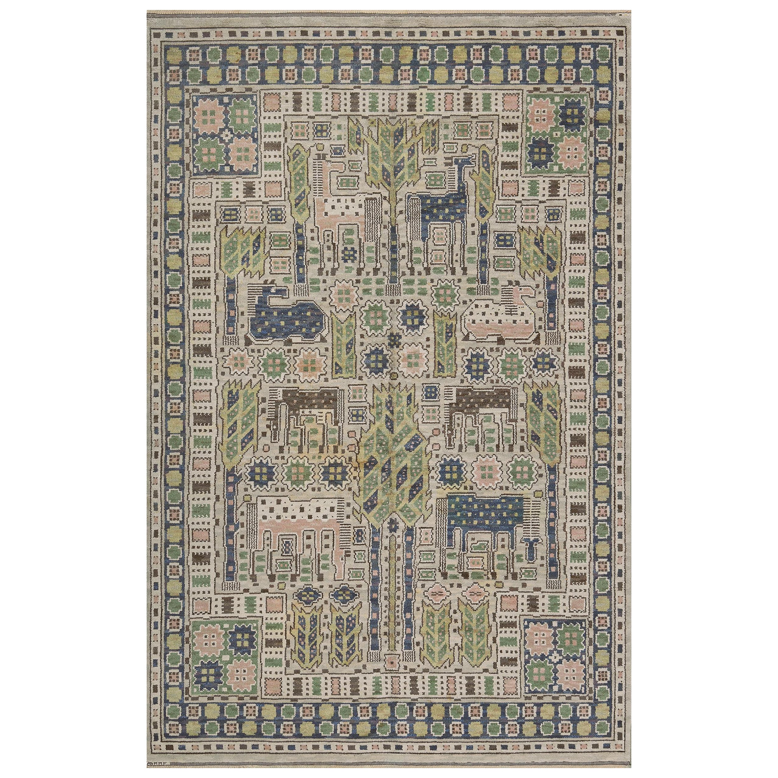 Vintage Hand-Knotted Wool Whimsical Swedish Rug