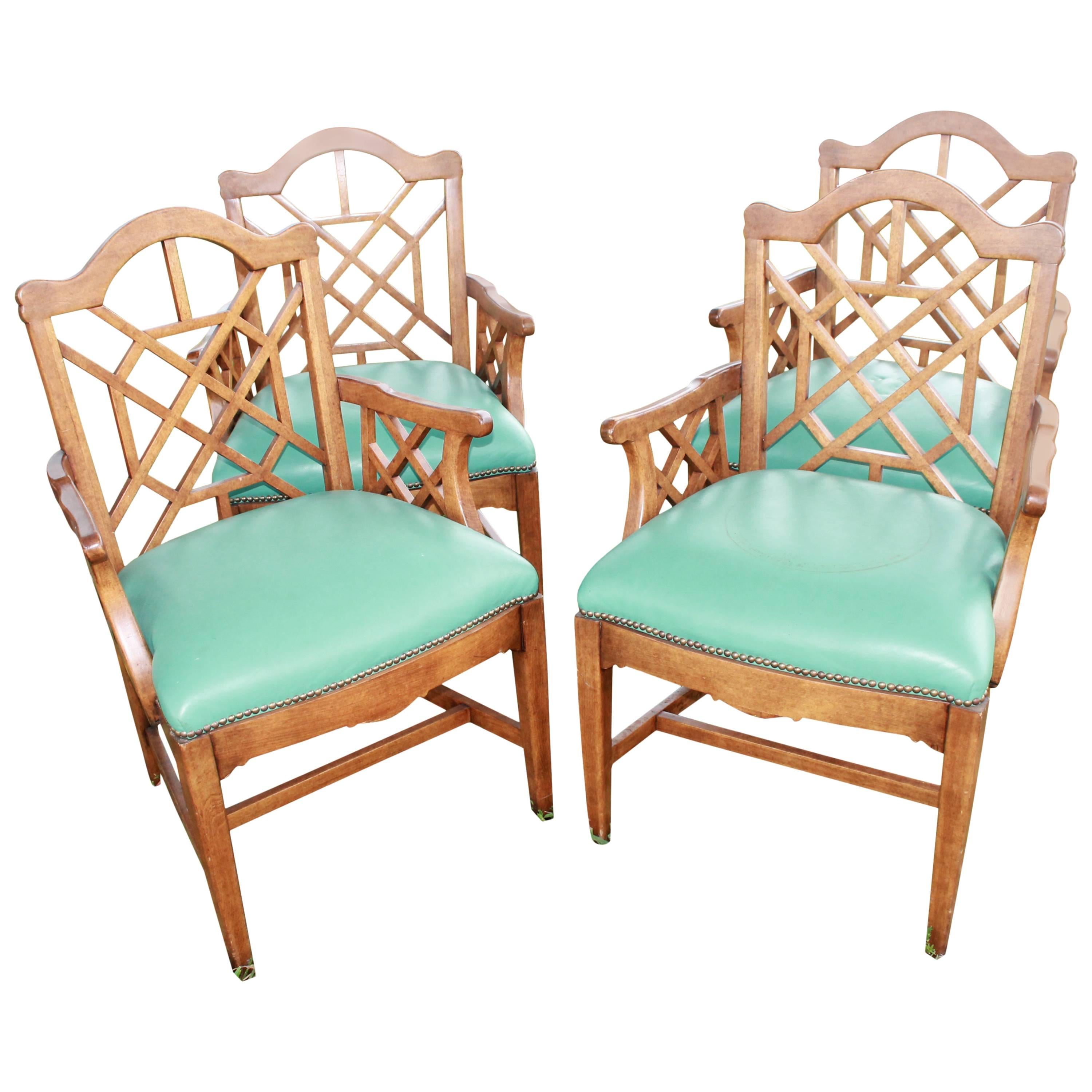 Set of Four Chinese Chippendale Vintage Wooden Fretwork Dining Arm Chairs 