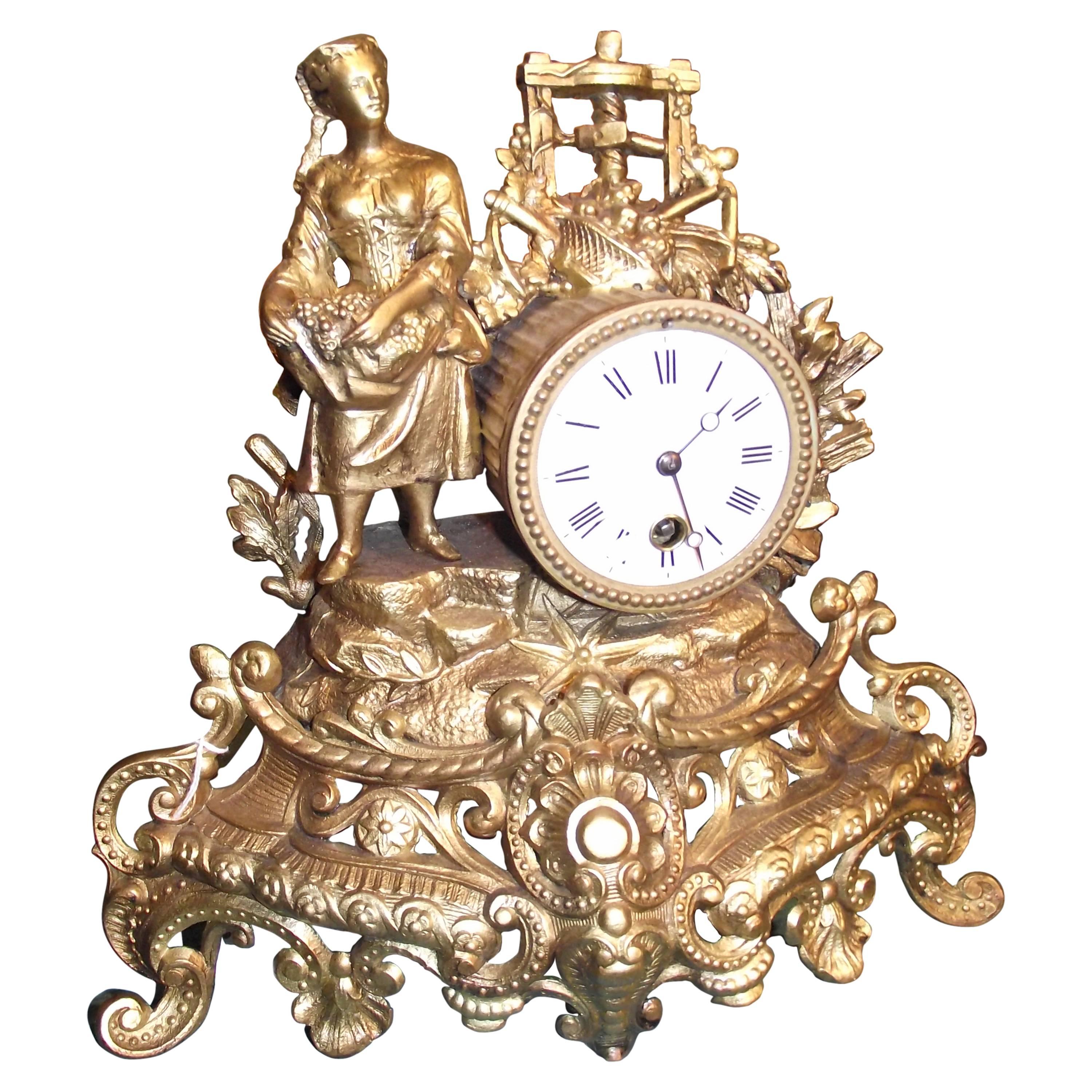 19th Century French Clock with Woman and Wine Press