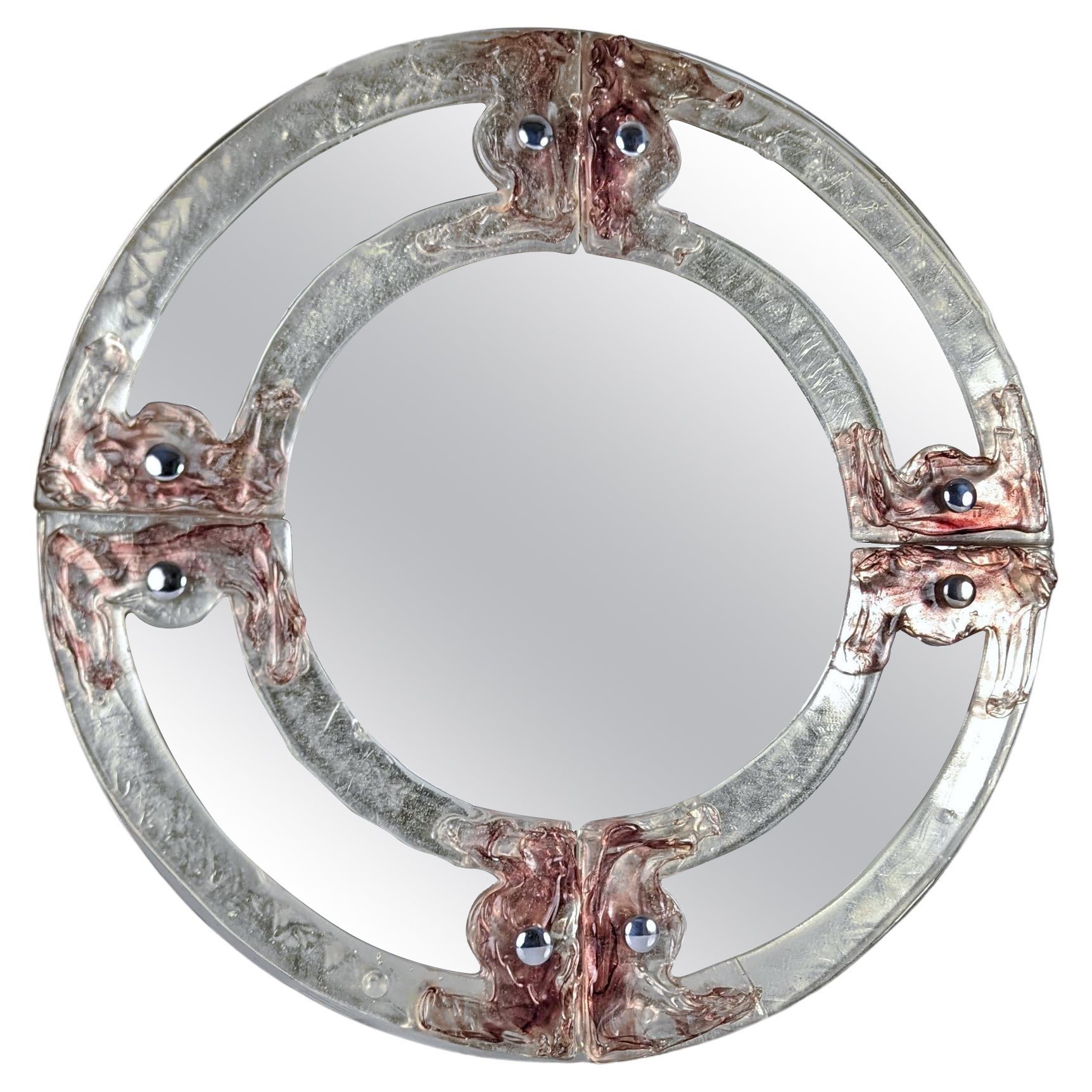 Espejo redondo veneciano de cristal de Murano rosa y morado de Mazzega Años 60 en venta
