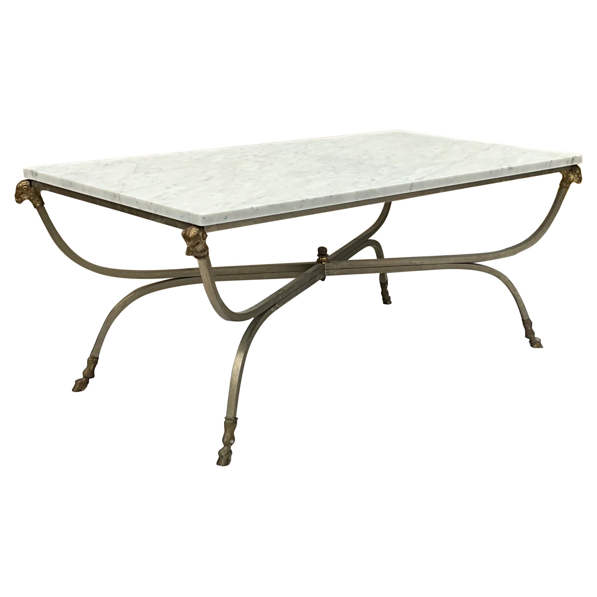 Maison Jansen Inspired Neo-Classical Steel & Bronze Marble Top Coffee Table  For Sale