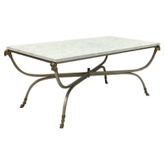 Retro Maison Jansen Inspired Neo-Classical Steel & Bronze Marble Top Coffee Table 