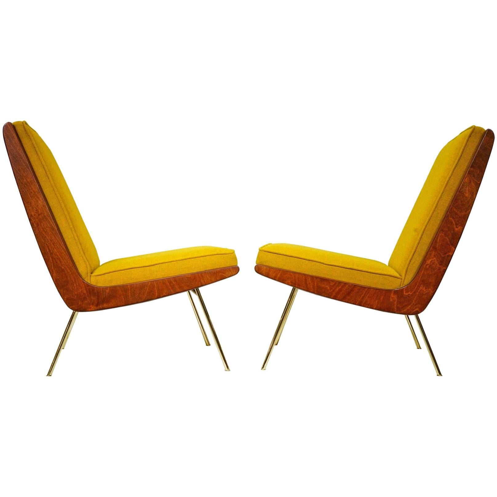 California Modern Brass Boomerang Slipper Chairs For Sale