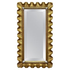 Vintage Carved Scalloped Edge Italian Giltwood Beveled Mirror 