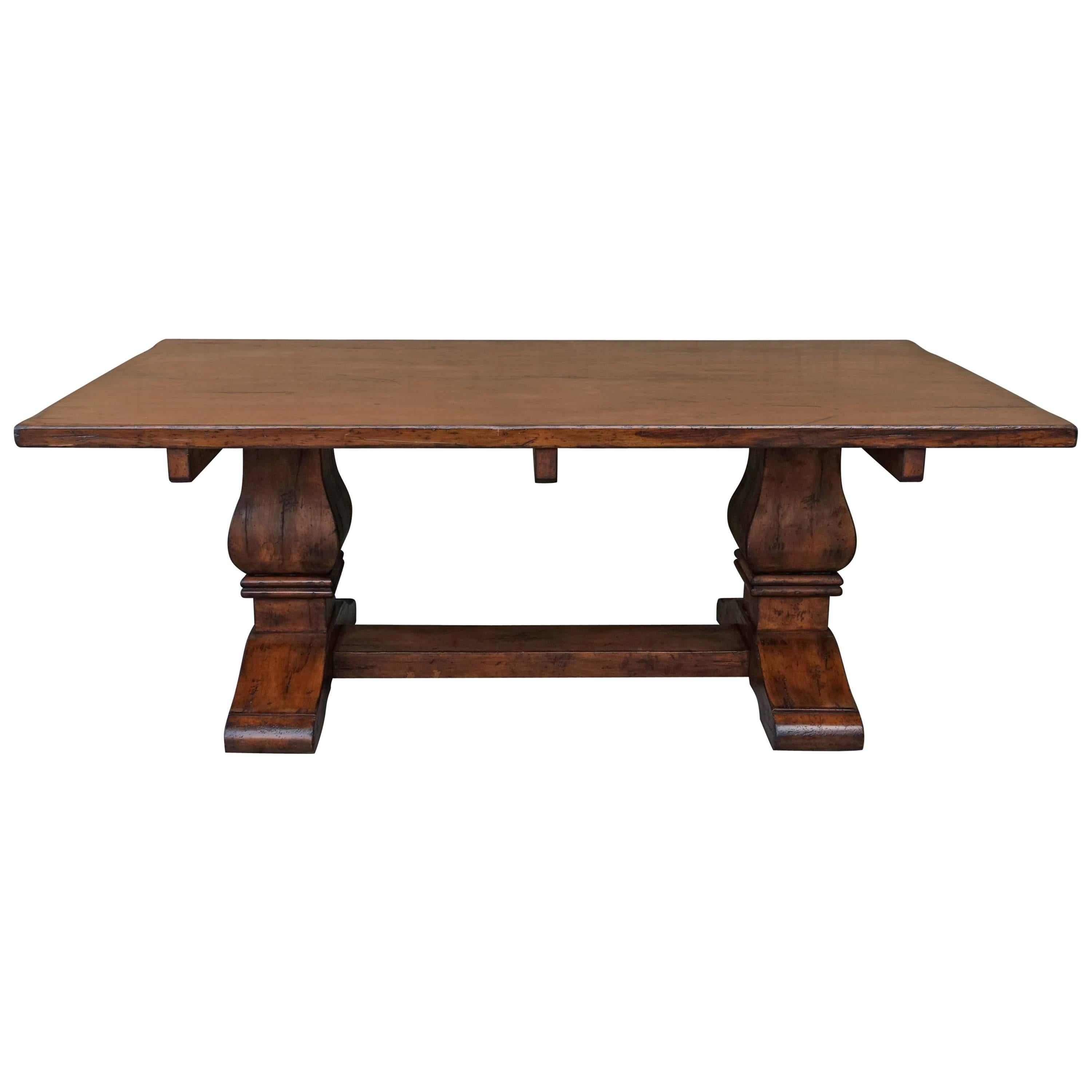 Carved Walnut Double Pedestal Dining Table with Stretcher