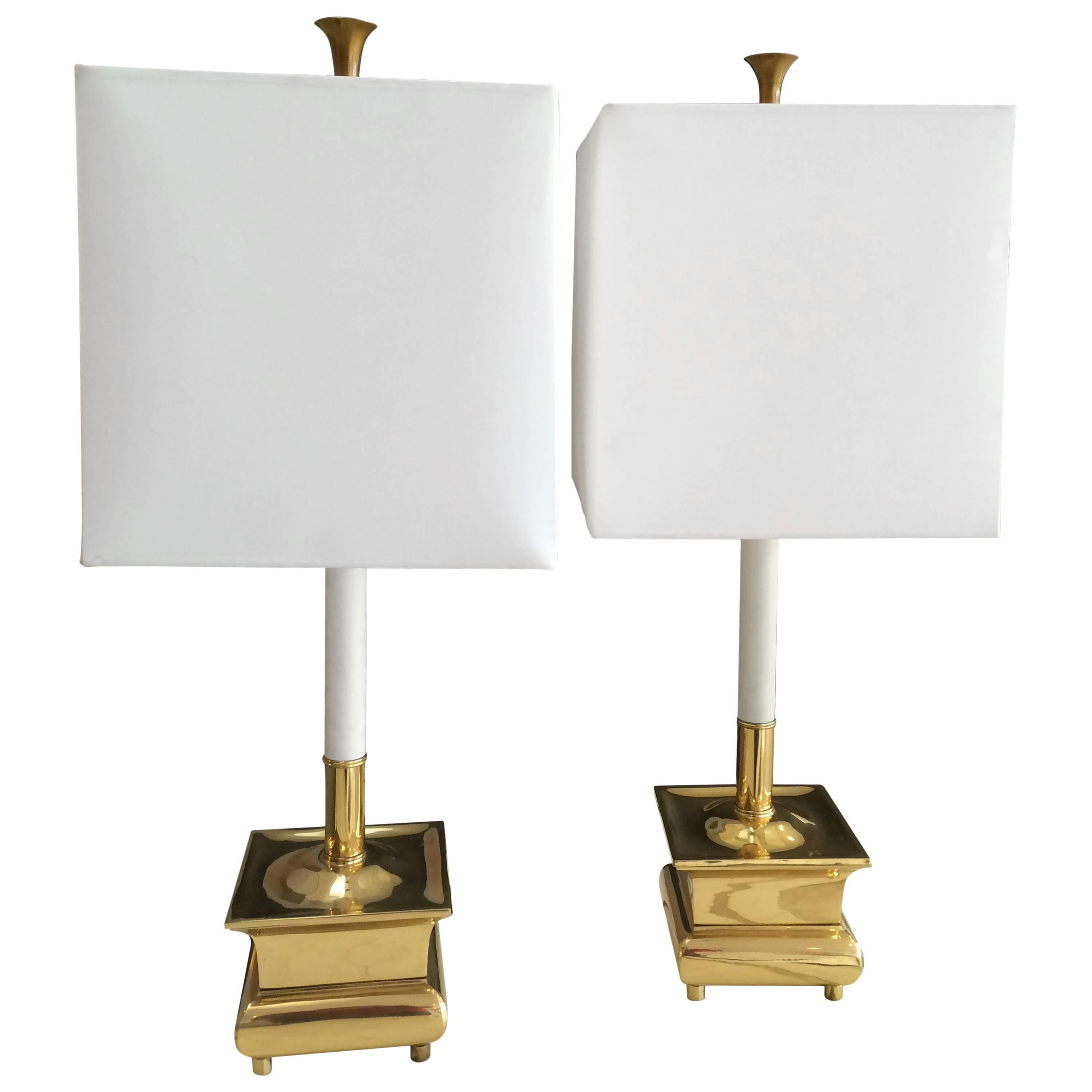 Pair of Exquisite Brass Candle Stick Lamps with Shades