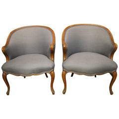 Louis XV Inspired French Mid-Century Walnut Bergères with Linen Upholstery