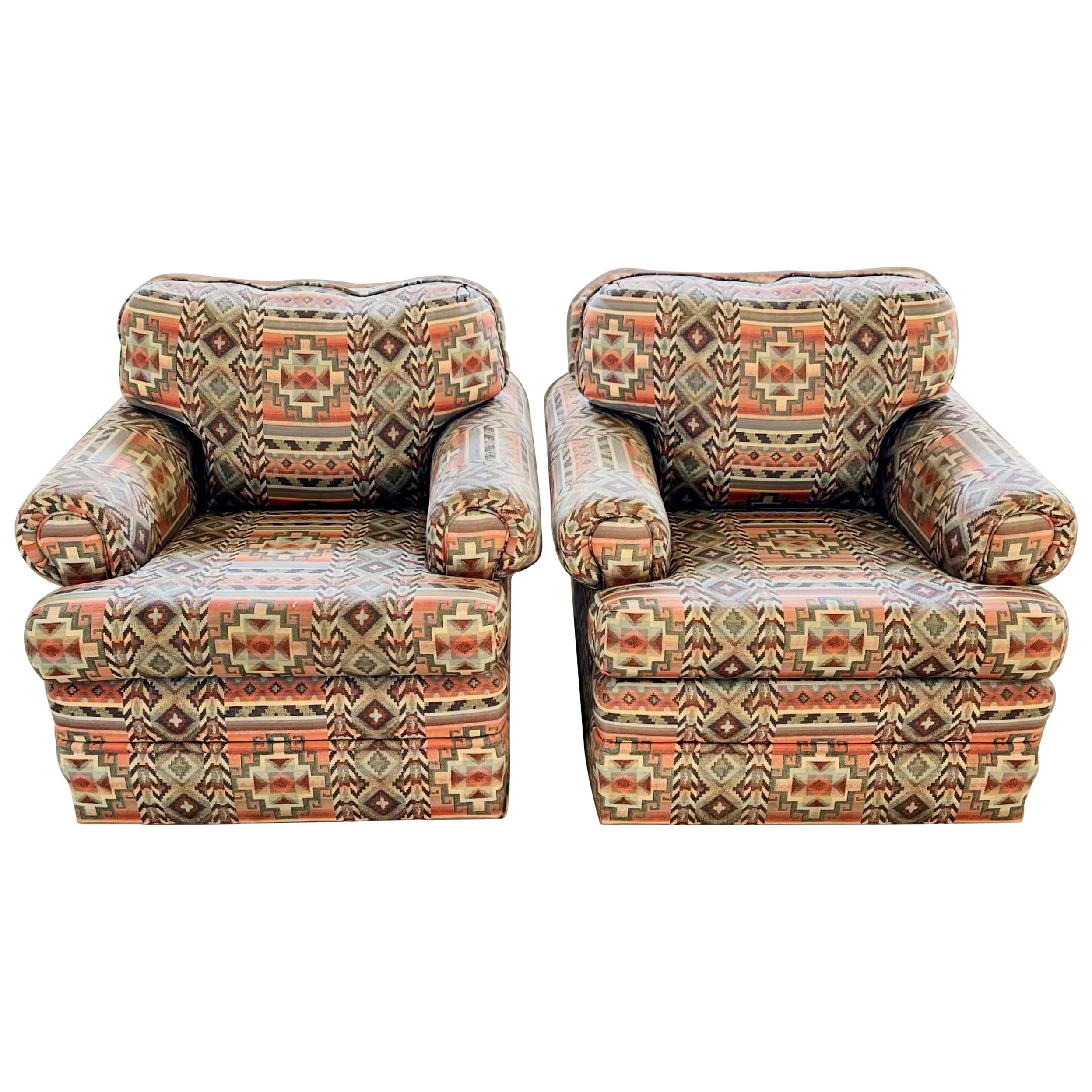 Custom Made Rolling Upholstered Southwest Aztec Armchair - Set of Two For Sale
