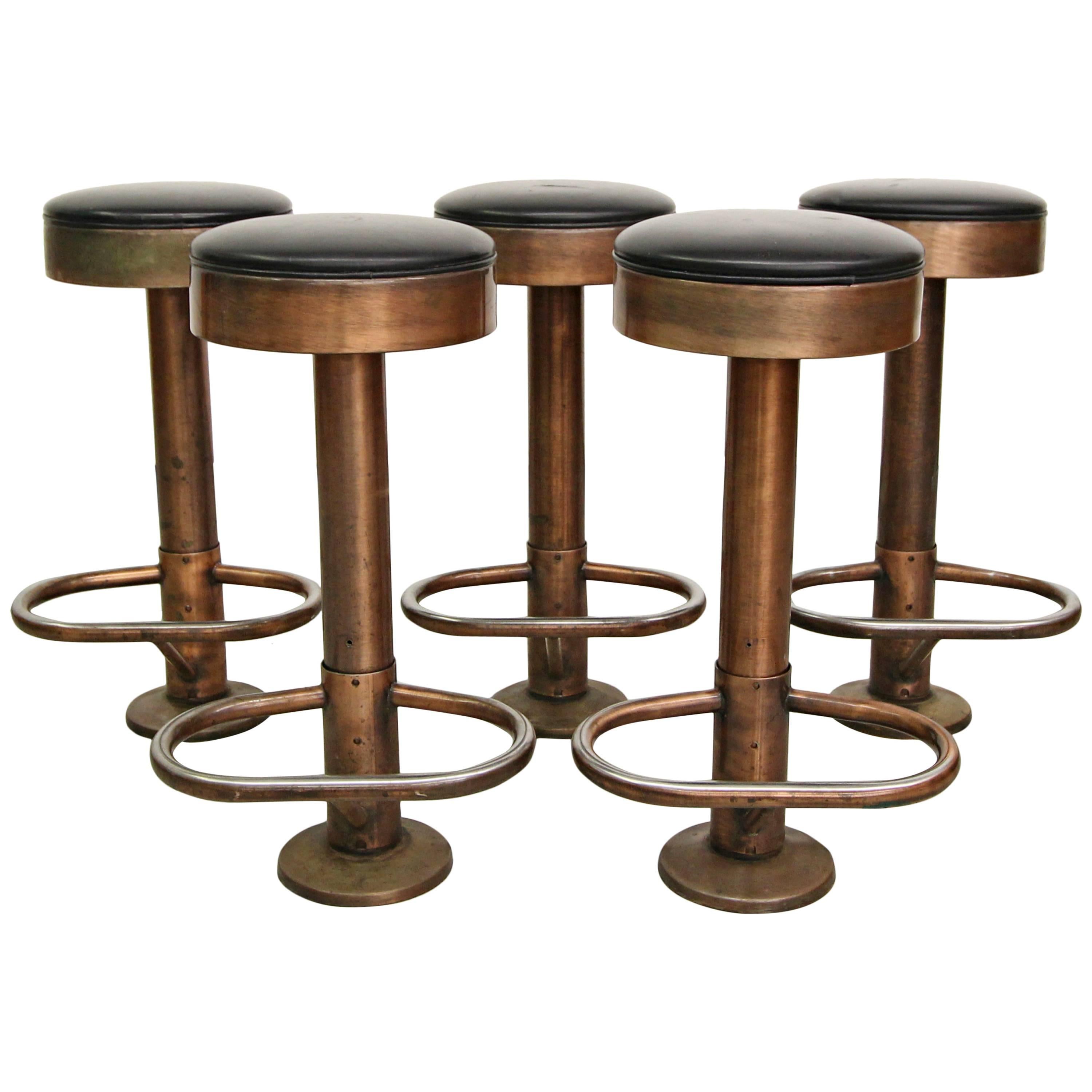 Set of Five Copper Machine Age Industrial Column Counter Stools