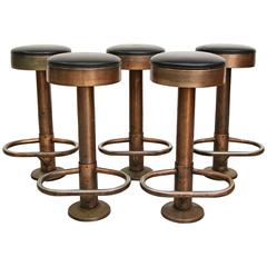 Vintage Set of Five Copper Machine Age Industrial Column Counter Stools