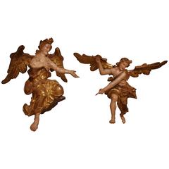 Antique Pair of Polychrome Gilded Wood, Sculpted Baroque Angels, 17th Century, Moravia