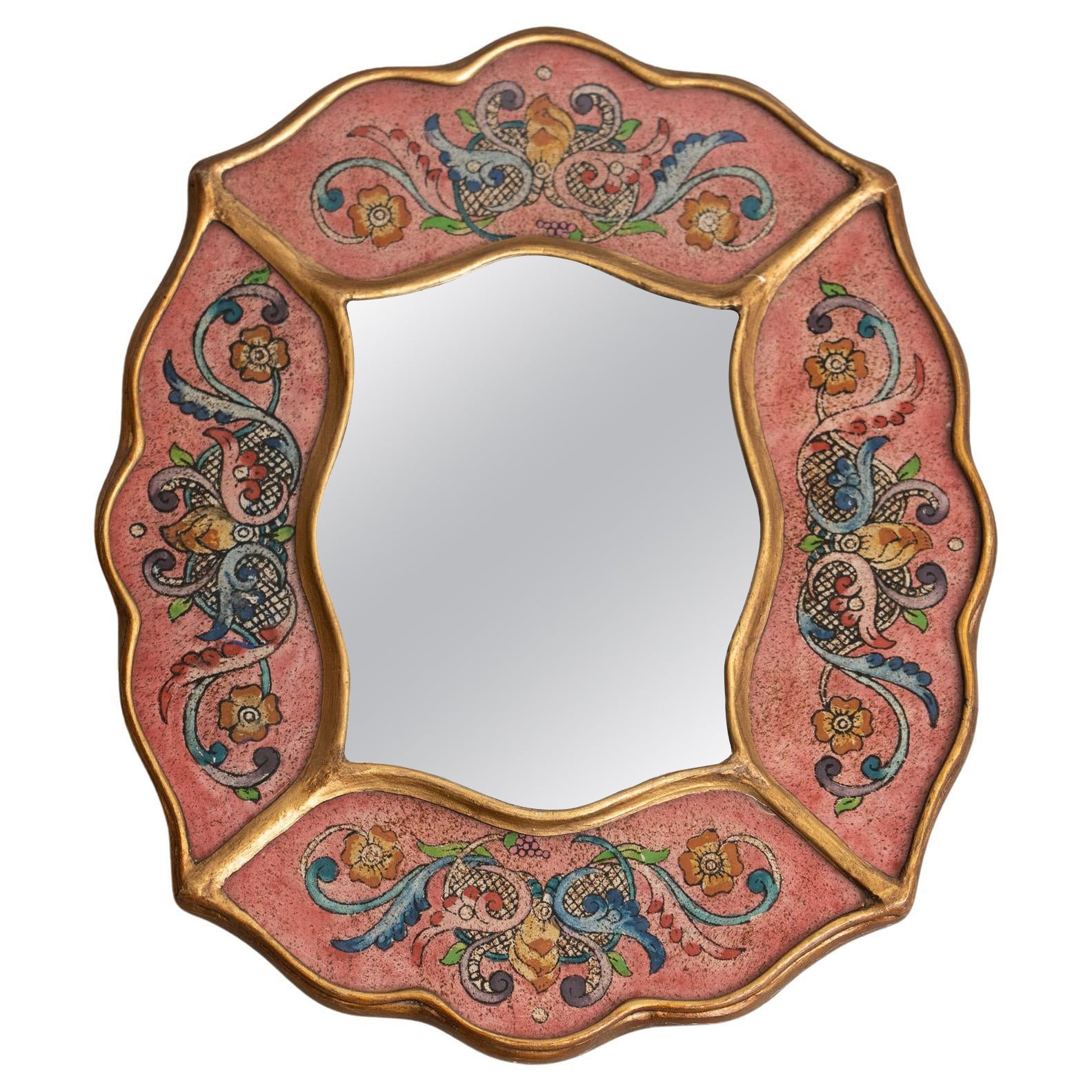 Vintage Peruvian Mid-Century Hand-Painted Wooden Wall Mirror For Sale