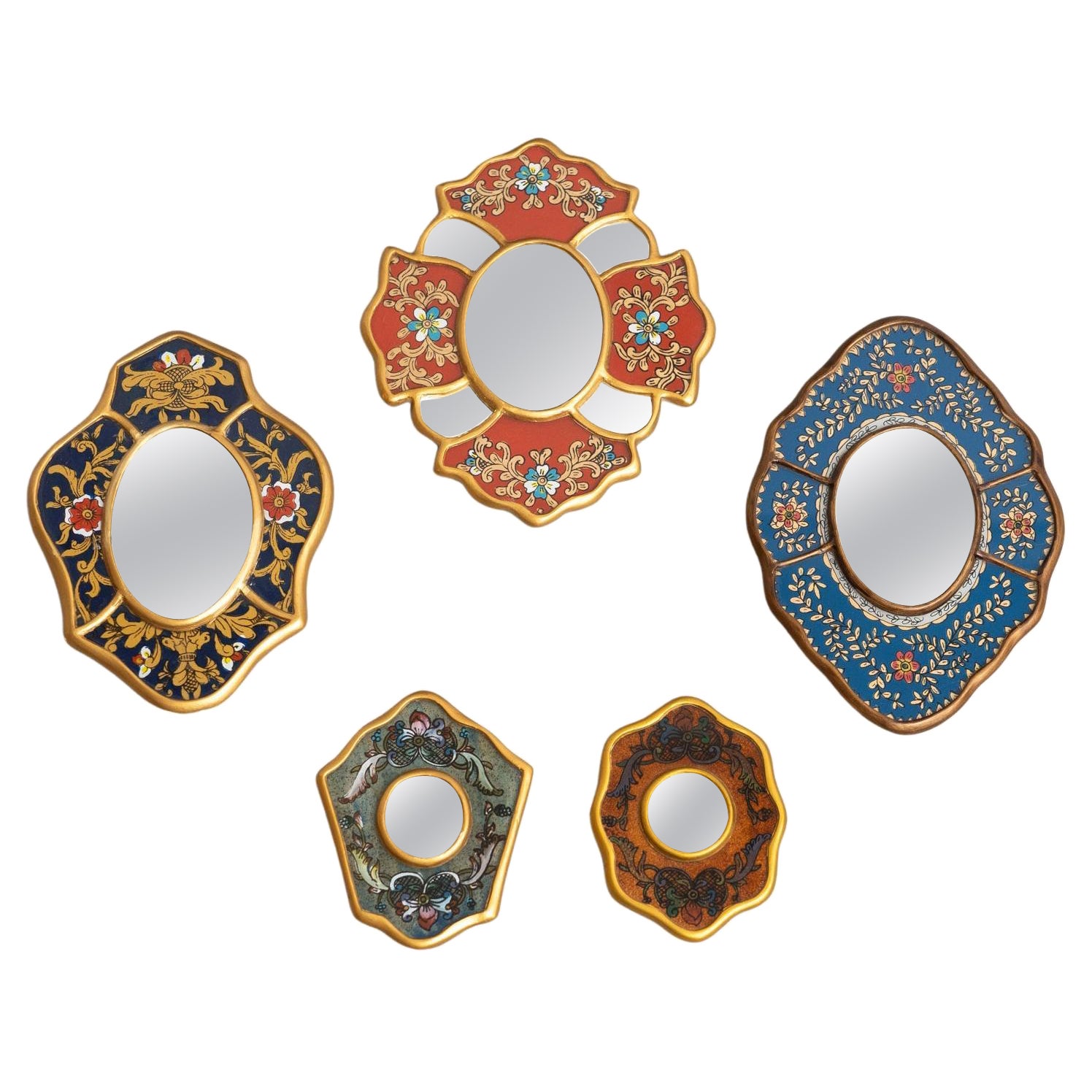 Set of Five Vintage Peruvian Mid-Century Hand-Painted Wooden Wall Mirrors For Sale