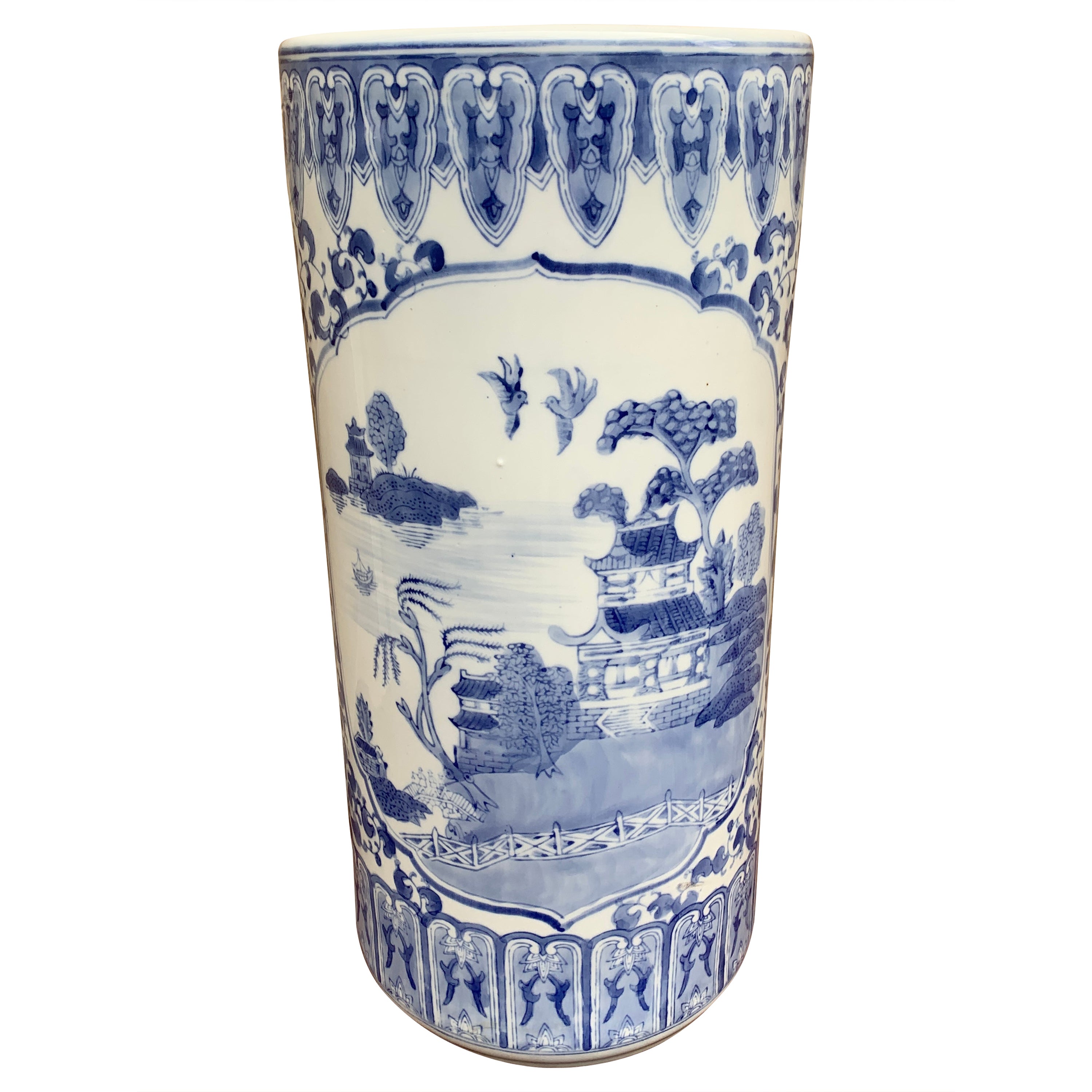 Vintage Chinoiserie Blue and White Porcelain Umbrella Stand For Sale