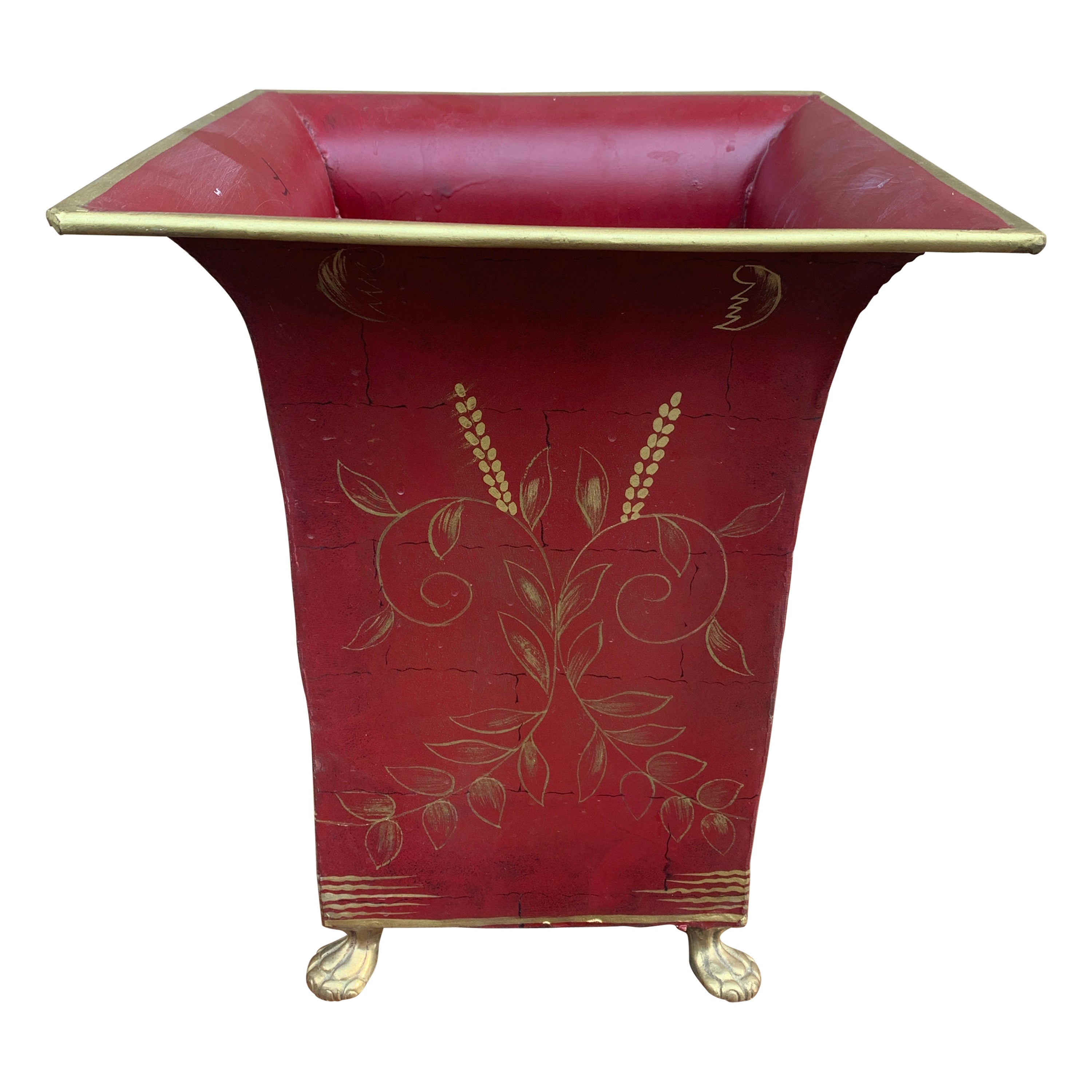 French Provincial Tole Burgundy & Gold Wastepaper Basket with Paw Feet For Sale