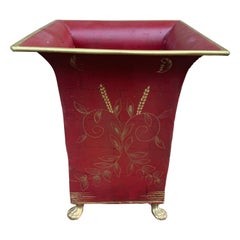 French Provincial Tole Burgundy & Gold Wastepaper Basket with Paw Feet