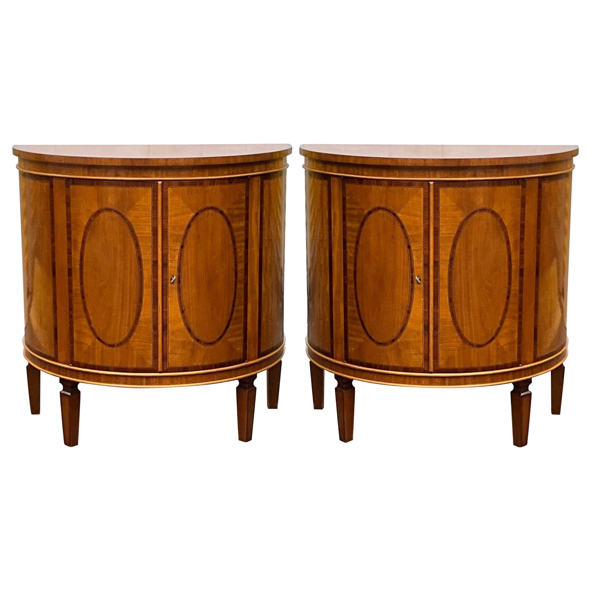 Italian Banded & Inlaid Satinwood Demilune Cabinets Att. Decorative Crafts -Pair For Sale
