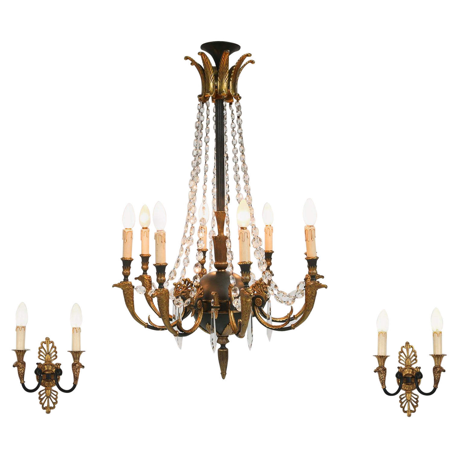 Impressive set of a large bronze Empire Chandelier with wall lights, 1950 For Sale