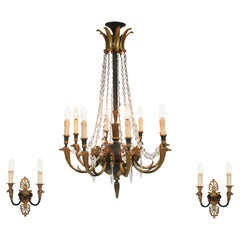 Retro Impressive set of a large bronze Empire Chandelier with wall lights, 1950