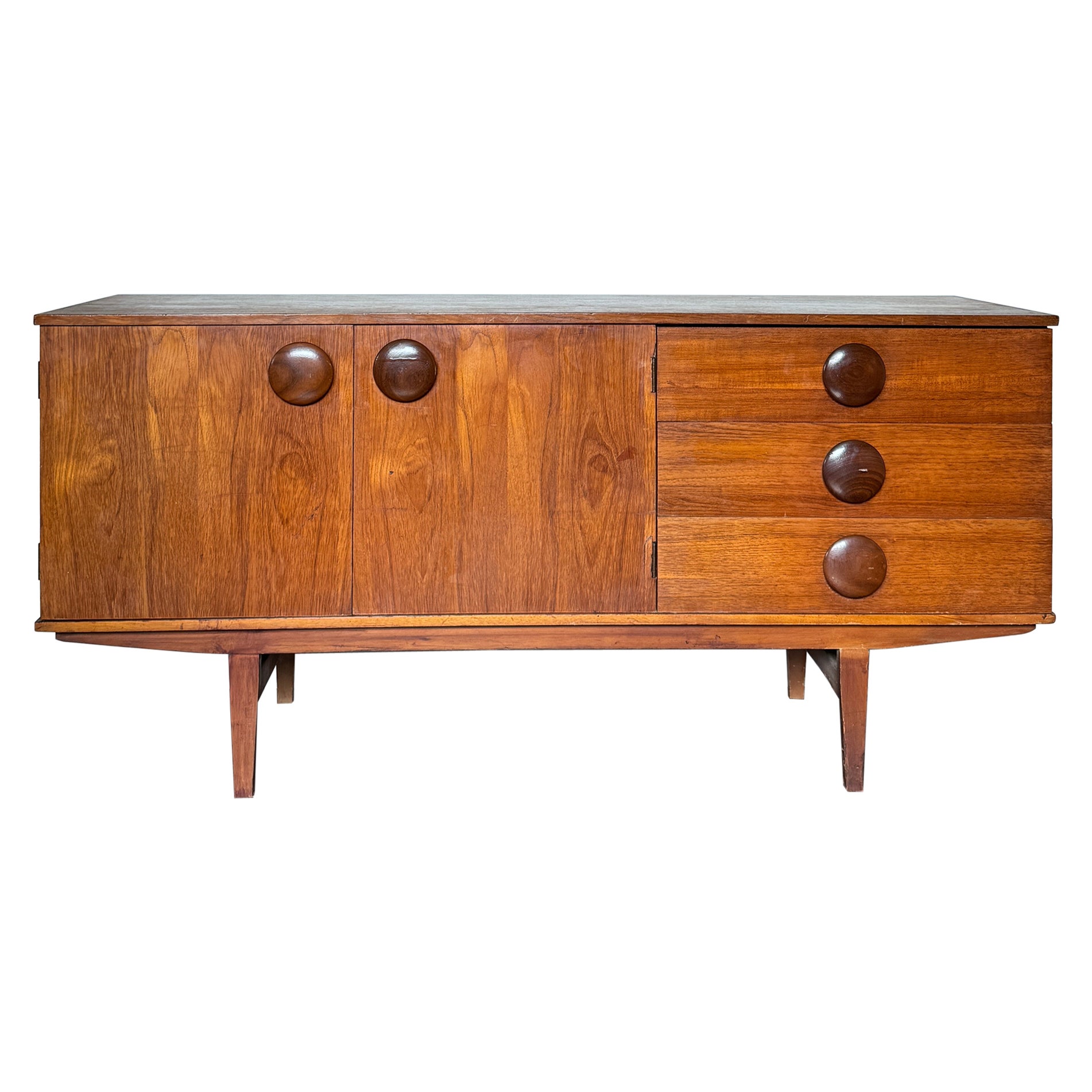 A rare mid century modern sideboard with round wooden pulls, circa 1960s For Sale