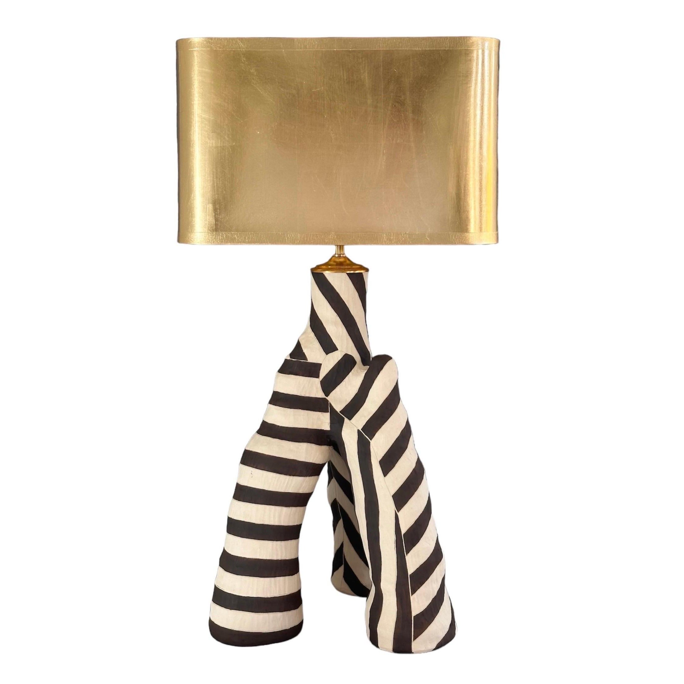 Brown and cream striped sculptural ceramic lamp  For Sale