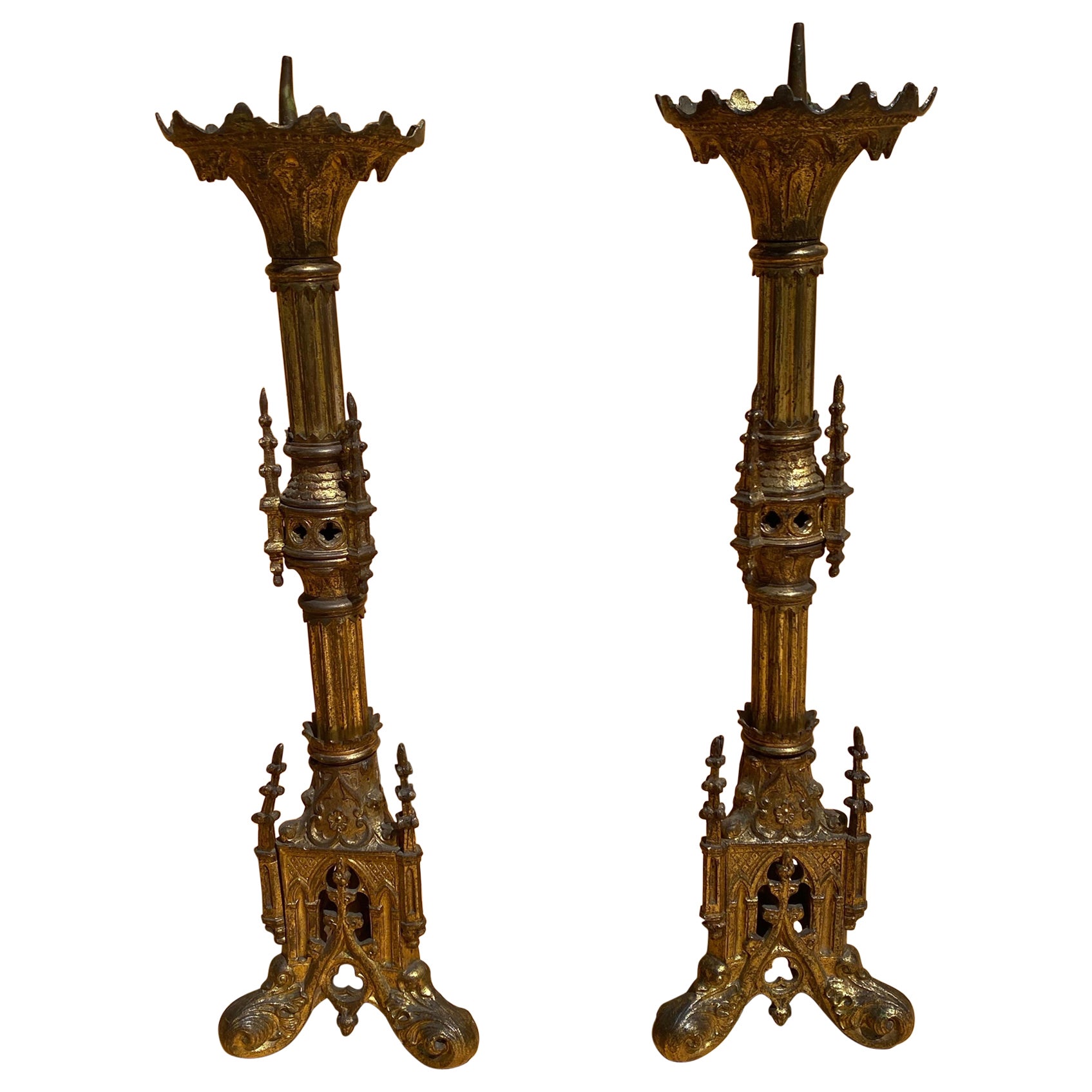 Antique French Neogothic Altar Torchère Candlestick Set w/ Architectural Element