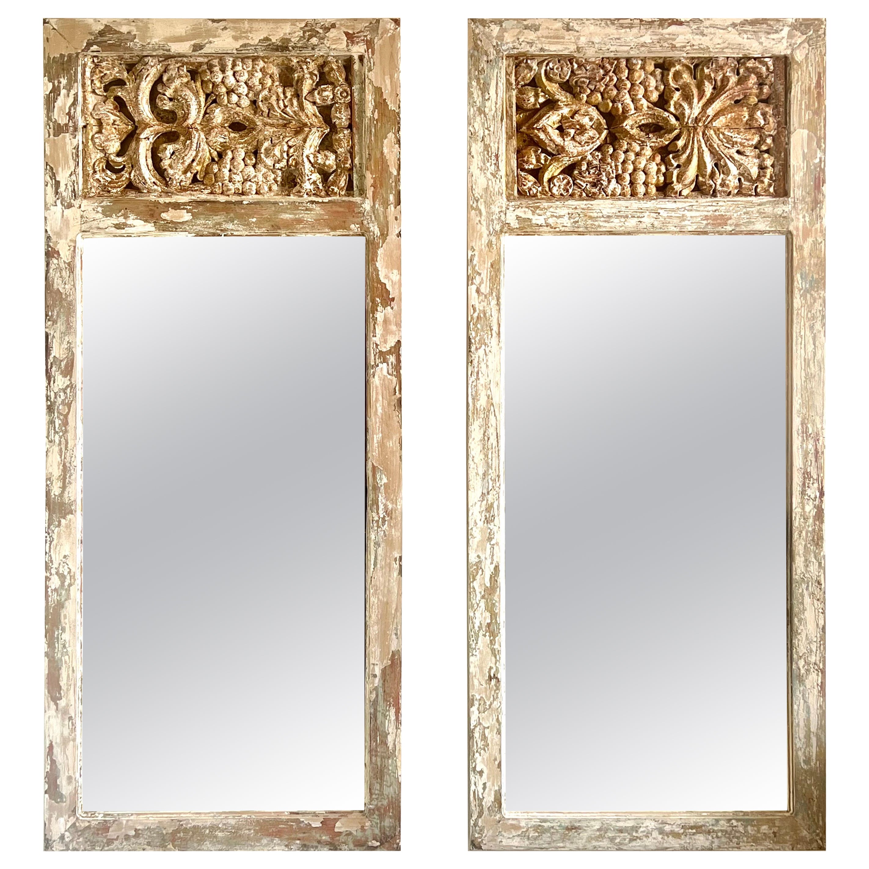 Pair of Painted & Gilt Wood Carved Mirrors C. 1930's For Sale