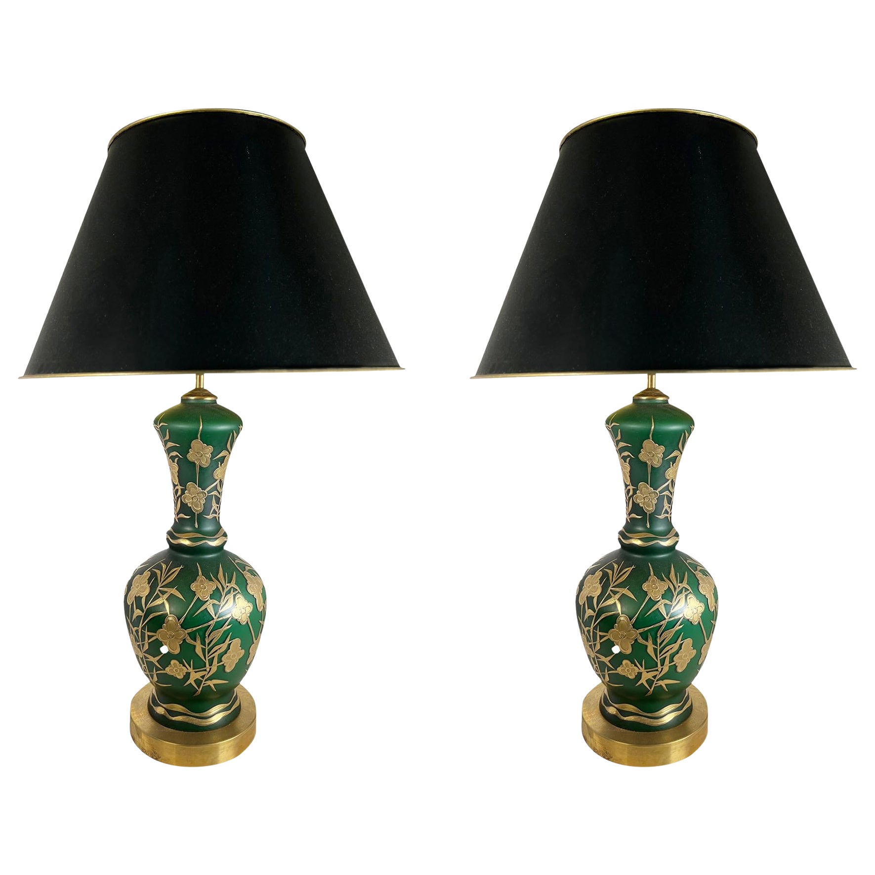 Green Frosted Glass Lamps - A Pair For Sale