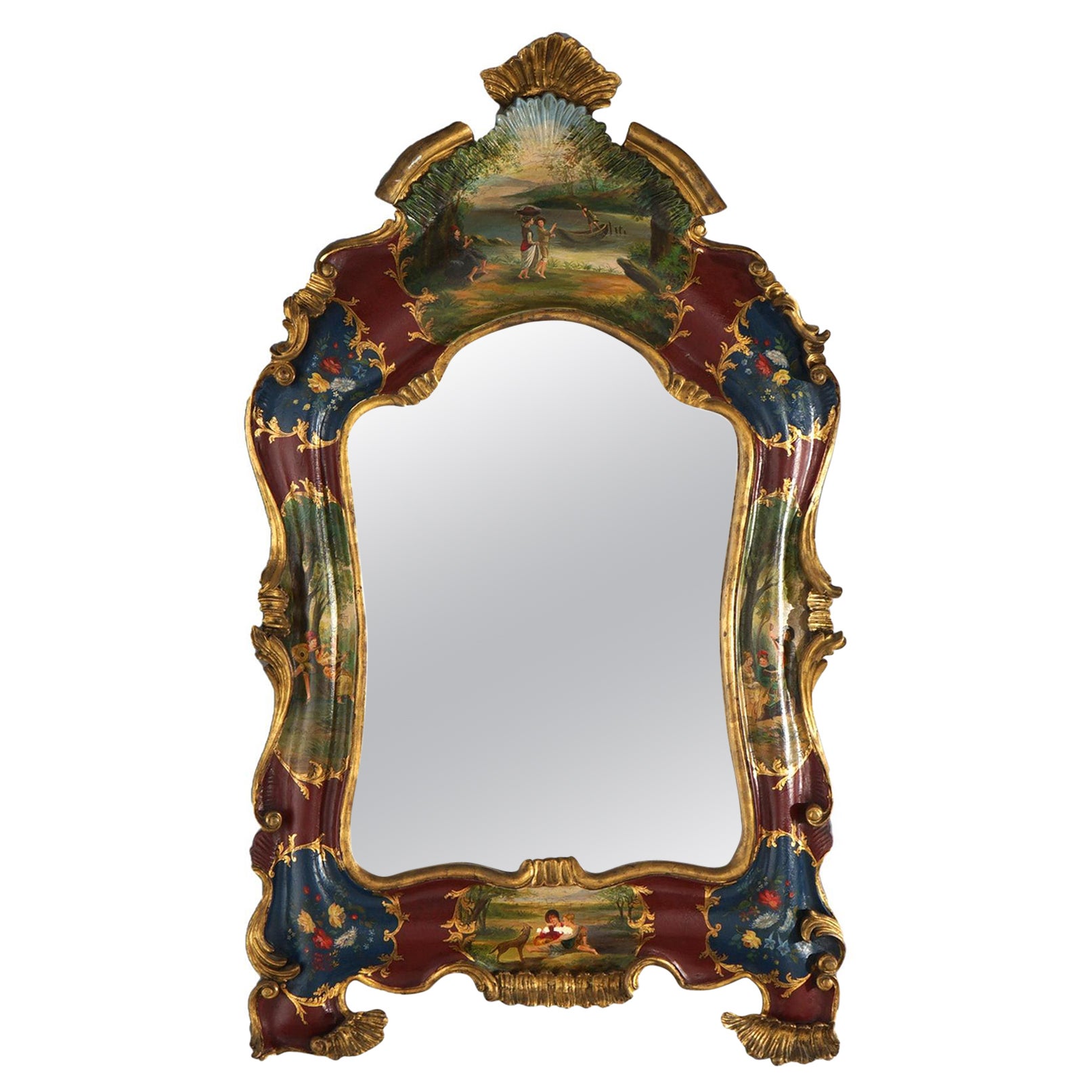 Antique Italian Rococo Style Venetian Decorated Wall Mirror with Landscape C1920 For Sale