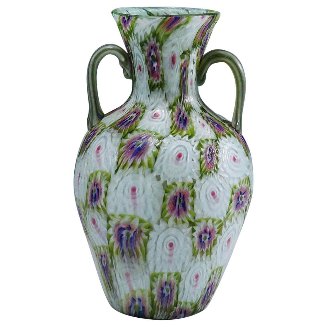 Antique Murrine Vase with Handles, Fratelli Toso Murano ca. 1920s For Sale